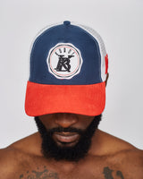 KOBO Suede Trucker Hat: Federal Navy & Ember Red
