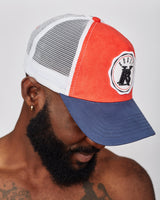 KOBO Suede Trucker Hat: Ember Red & Deep Navy