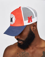KOBO Suede Trucker Hat: Ember Red & Deep Navy