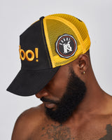 KOBO Suede Trucker Hat: Midnight Black & Palm Gold