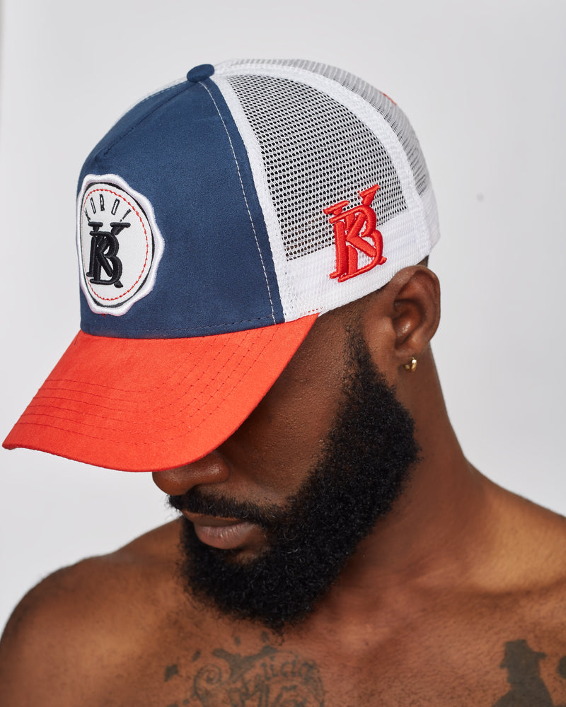 KOBO Suede Trucker Hat: Federal Navy & Ember Red