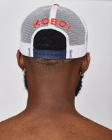 KOBO Suede Trucker Hat: Ember Red & Deep Navy