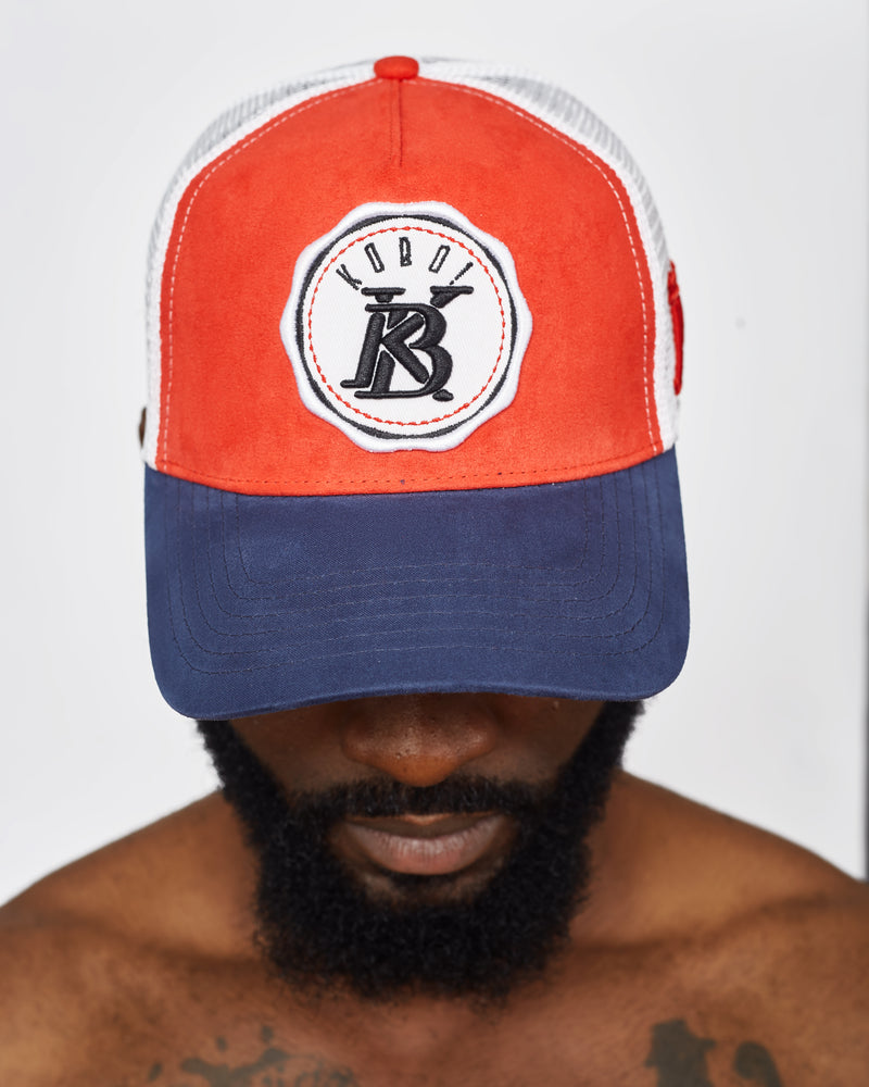 KOBO Suede Trucker Hat: Ember Red & Deep Navy